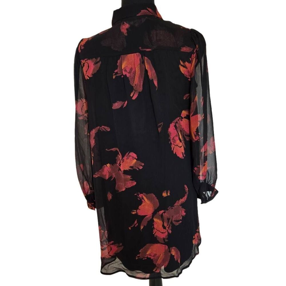 NEW Nine West Womens Black Red Floral Georgette Fabric Shirt Dress Small - Picture 4 of 12